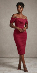 Off-Shoulder Ruched Midi Dress Burgundy