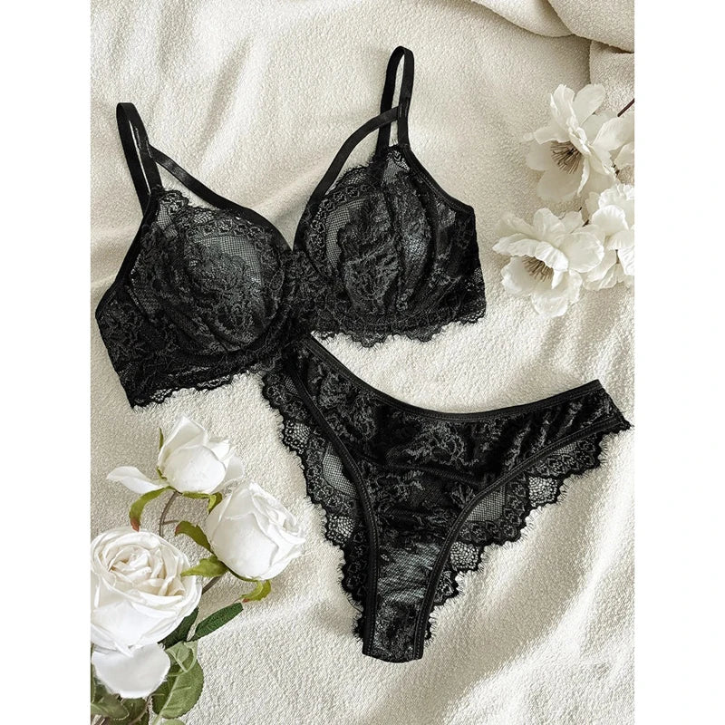 Eyelash Lace Underwire Bra & Brazilian Panties Set