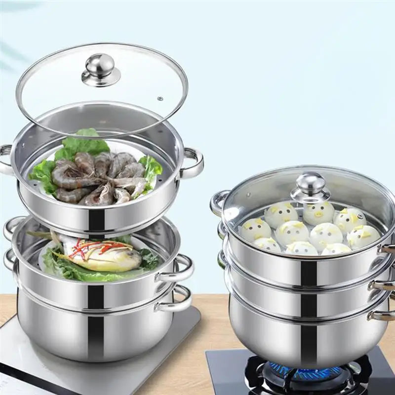 Pot Steamer Stainless Steel Steam Cooking Set steaming Soup Stockpot 4 Vegetable Tier Layer Steamers Pan Cooker Pots