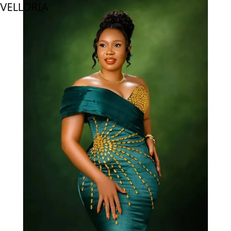 Emerald Mermaid Evening Gown – Gold Beaded