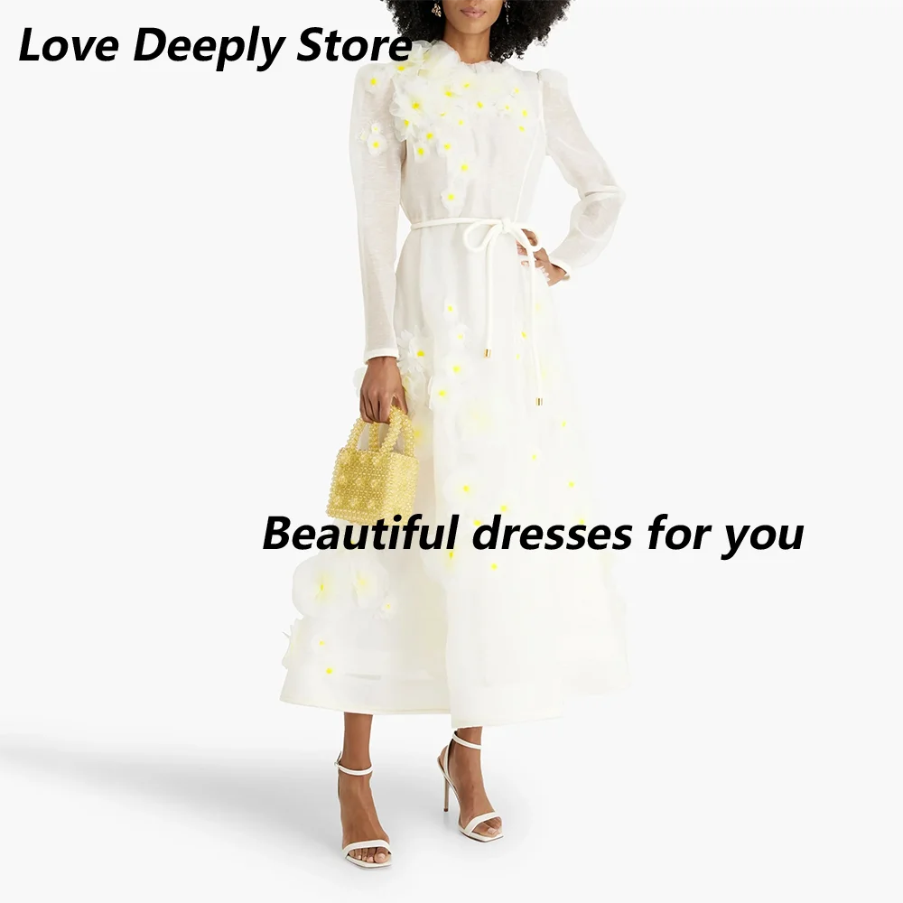Elegant Evening Dress High Neck  Long Sleeve Appliqued Belt Midi Wedding Guest Party Dresses for Women Prom Gown Customized