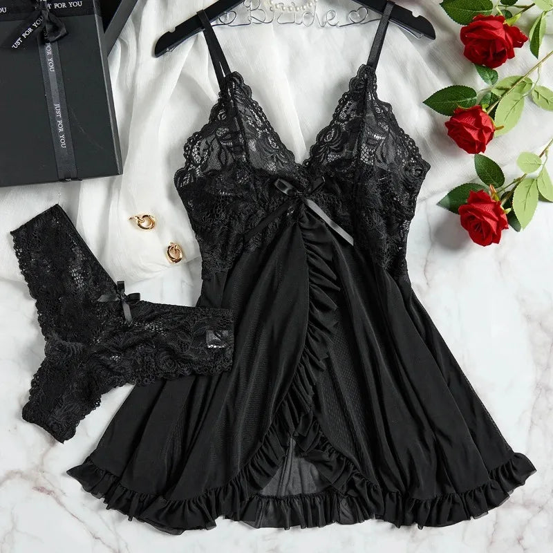 Lace V-Neck Slip Dress & Bra Set