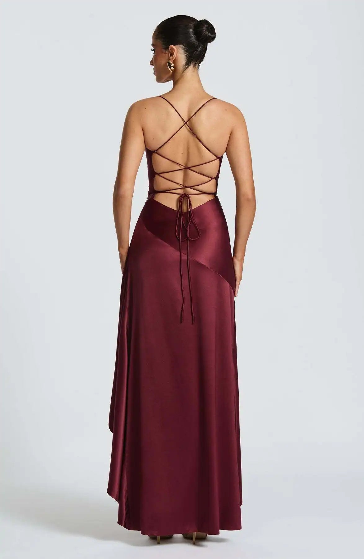 Sexy Satin Long Dress Luxury Ruffles Backless Bandage Evening Dresses Red Burgundy Blue Wedding Guest Cocktail Party Summer New