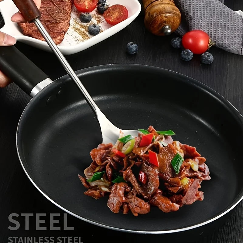 【Pot Spatula + Pot Spoon】Household Stainless Steel Cooking Set, Spatula and Soup Spoon with Wooden Handle, Anti-Scald, Durable, Extended Length