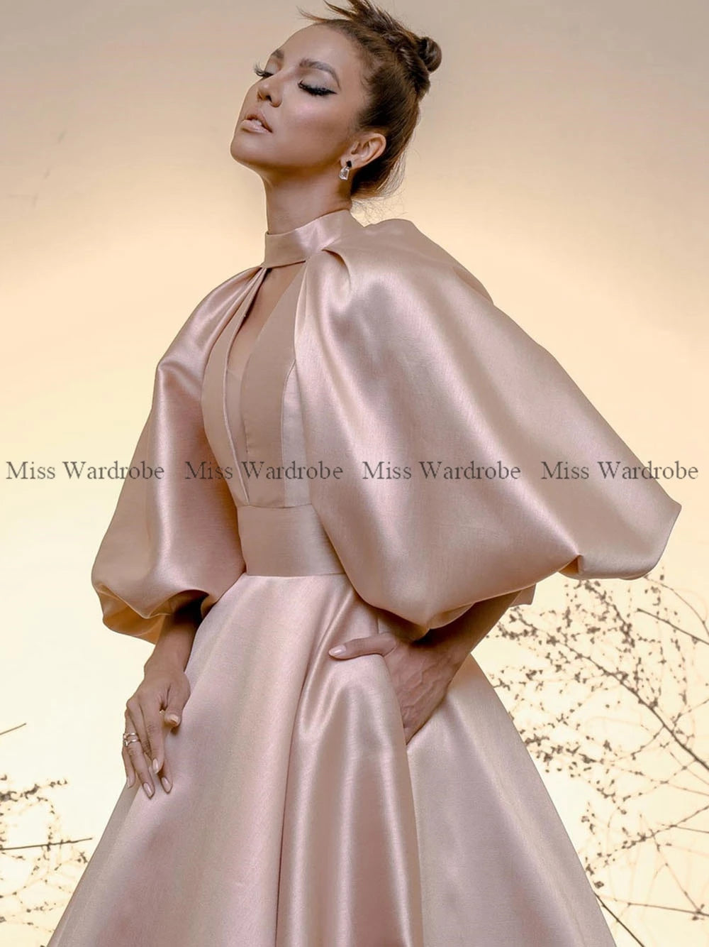 Elegant A Line Evening Dress High Neck Puff Sleeves Prom  Floor Length Formal Party Gowns Vestidos De Fiesta