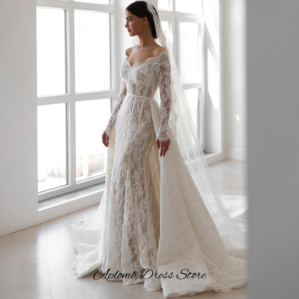 Dreamy Mermaid Vestido De Novia Elegant Customized Appliques Lace Wedding Dress Classic Long Sleeves Boat Neck Bridal Gowns
