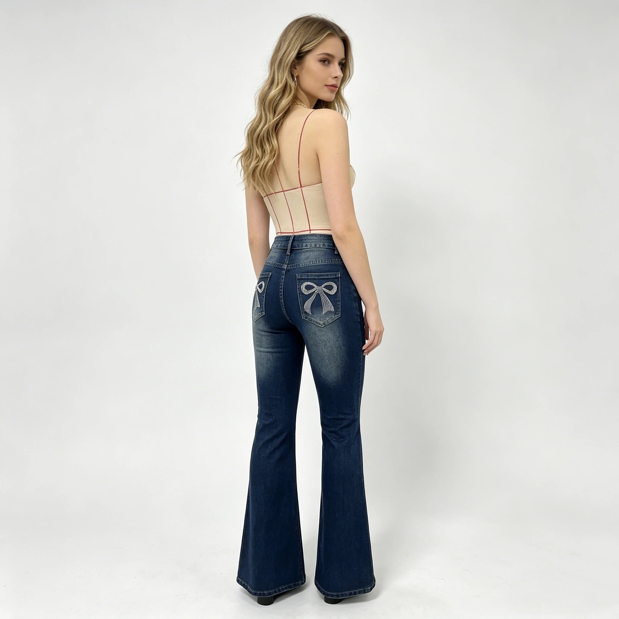 Womens Jeans Women's Pants Back Pocket Bow Crystal Flare Bell Bottom Stretch Low Waist Casual Vintage Denim Elastic New