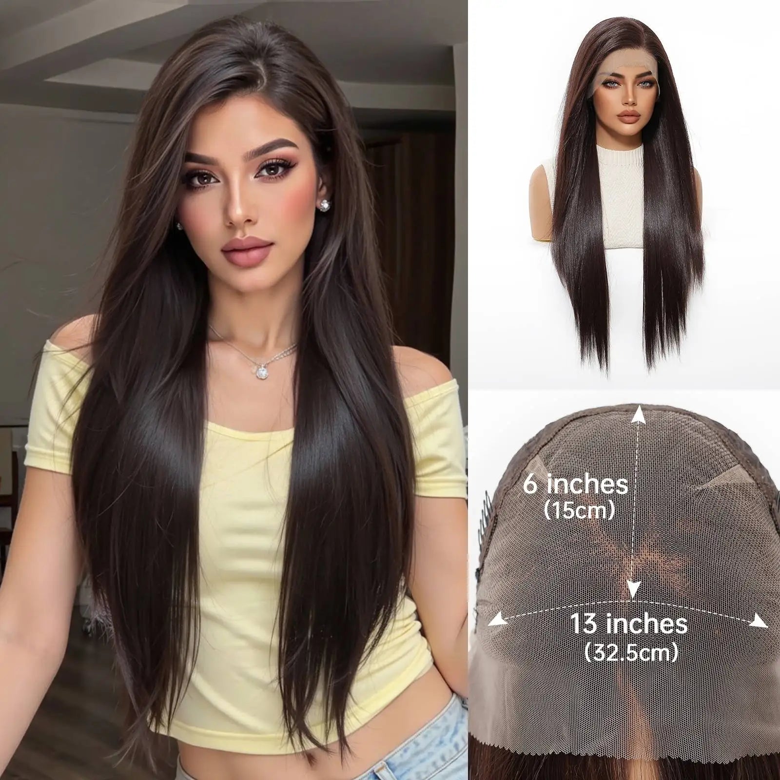 13x6 HD Transparent Lace Front Wig Long Bone Straight Chocolate Brown Synthetic Wigs for Women Glueless Pre Plucked Hairline