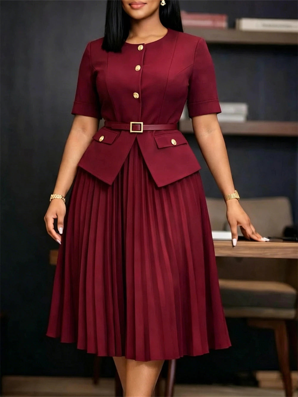Elegant Women Pleated Dresses 2026 Summer Clothing Birthday Wedding Party Evening Gown Office Ladies Maxi Dress O-neck Robes