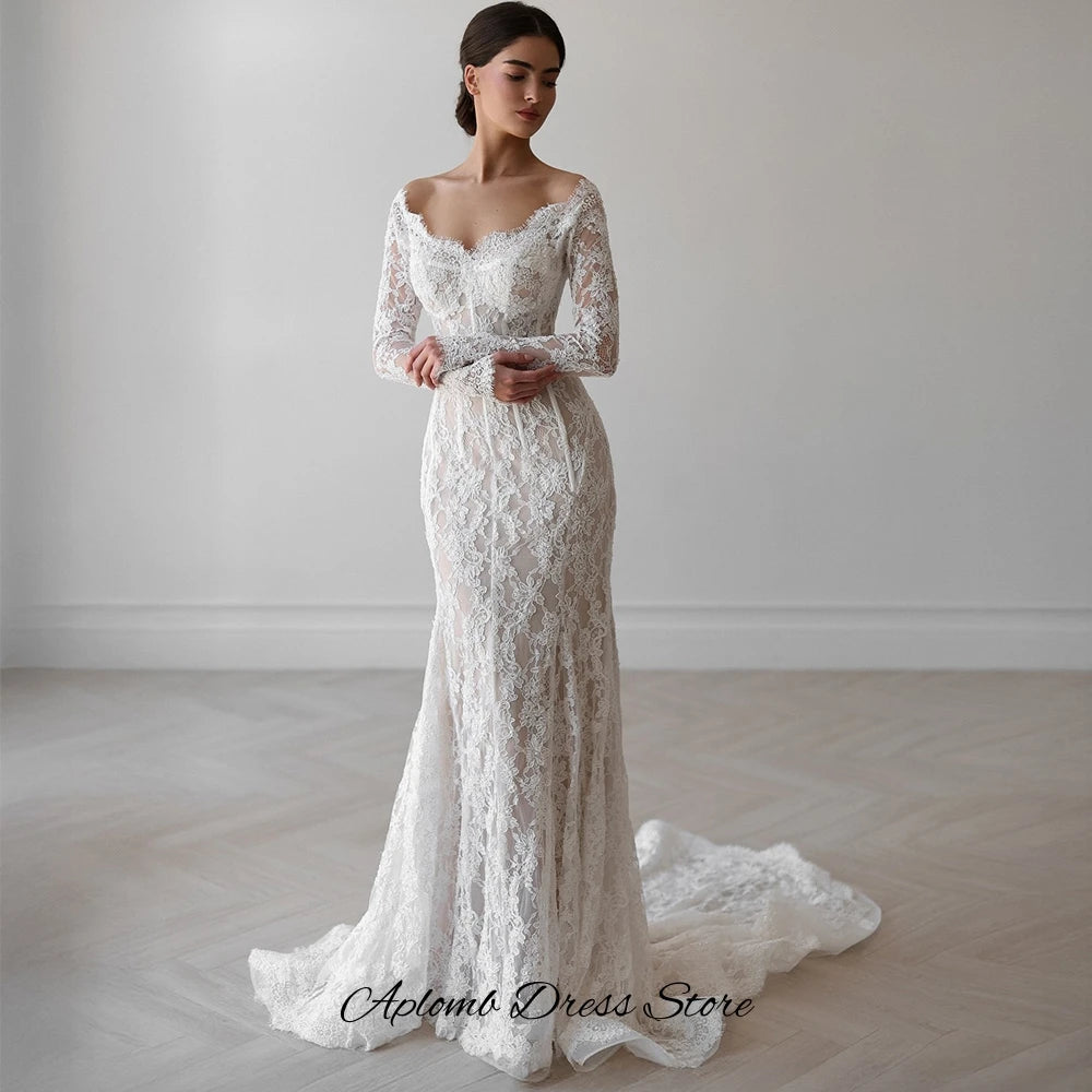 Dreamy Mermaid Vestido De Novia Elegant Customized Appliques Lace Wedding Dress Classic Long Sleeves Boat Neck Bridal Gowns