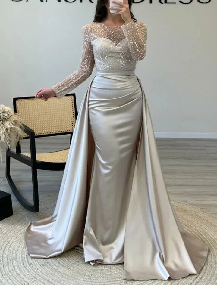 2026 Elegant Evening Dresses Women's Chic Sequin Splice O-neck Long Sleeve Pleated Maxi Dress Sexy High Waist Slim Banquet Gowns