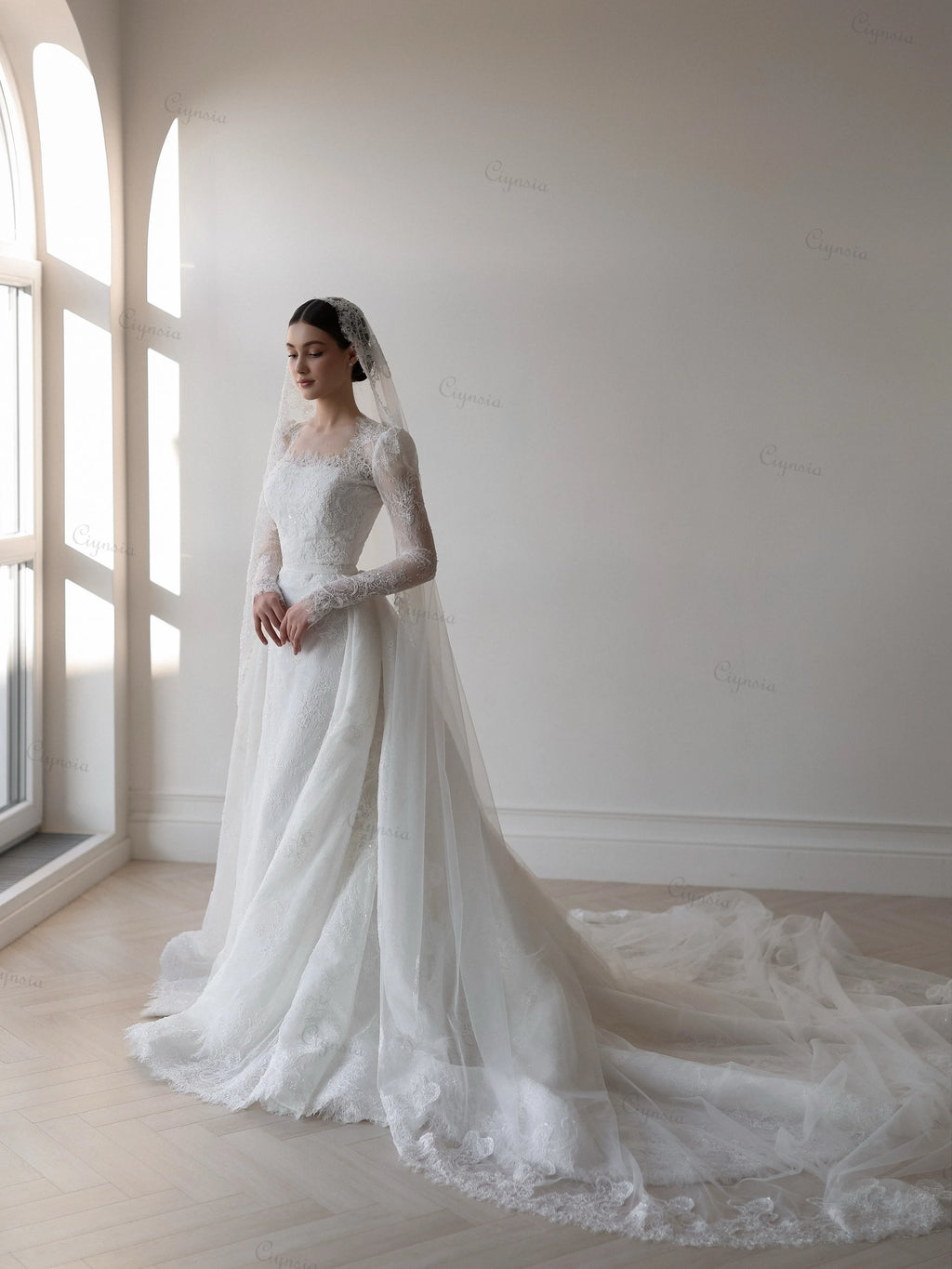 Elegant Lace Wedding Dress Mermaid Vestido De Casamento 2026 Bride Dress with Bridal Veils Detachable Skirt Customzied