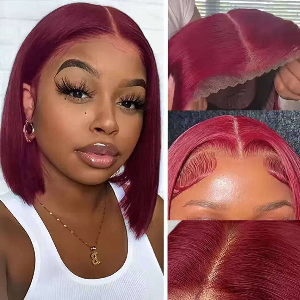 Burgundy Bob Wig 4C Hair Human Hair 13x6x1 Frontal Lace Straight Bob Wigs 99J Red Short Bob Wig Middle Part 100% Human Hair Wig