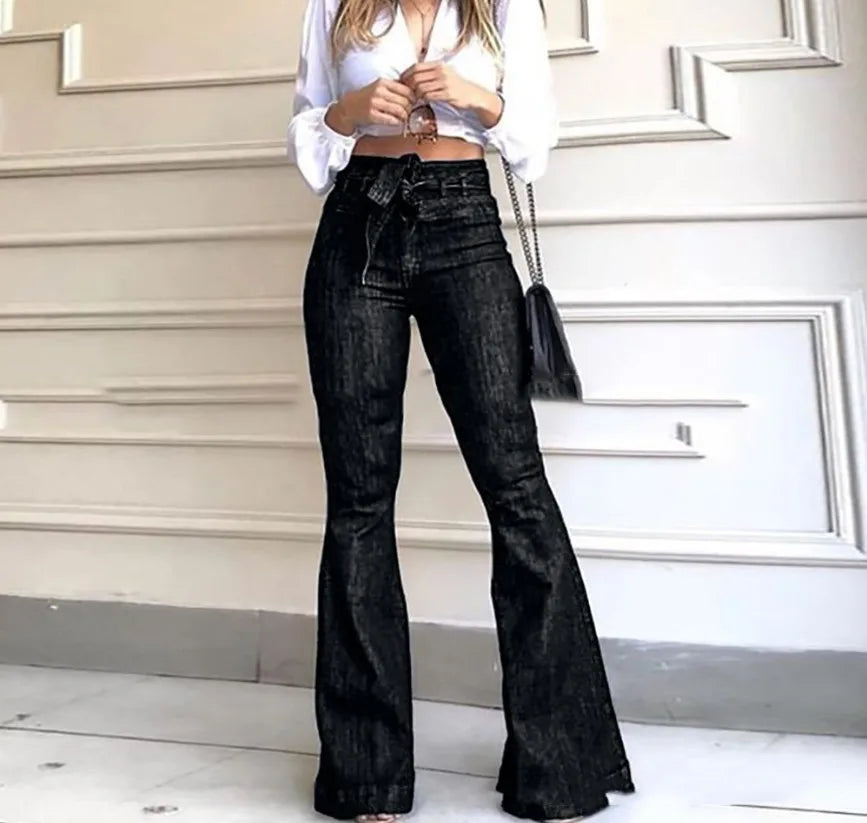 Women's High-Waisted Tummy Control Butt Lifting Tie-Waist Flared Jeans Wide-Leg Denim Pants with Pocket Details