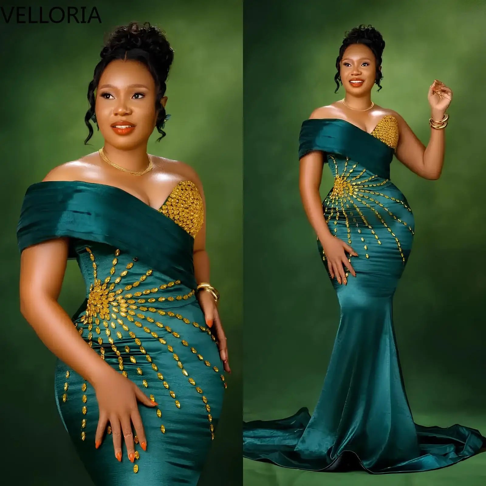 Emerald Mermaid Evening Gown – Gold Beaded