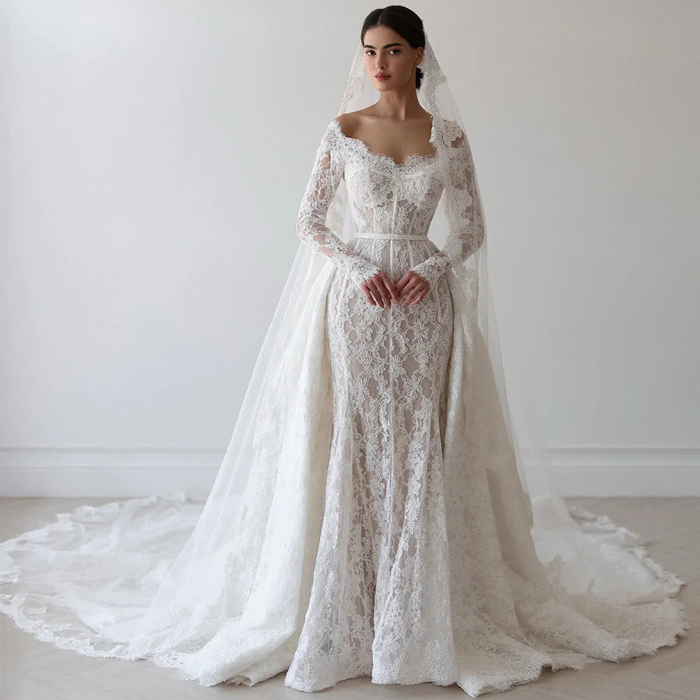 Dreamy Mermaid Vestido De Novia Elegant Customized Appliques Lace Wedding Dress Classic Long Sleeves Boat Neck Bridal Gowns