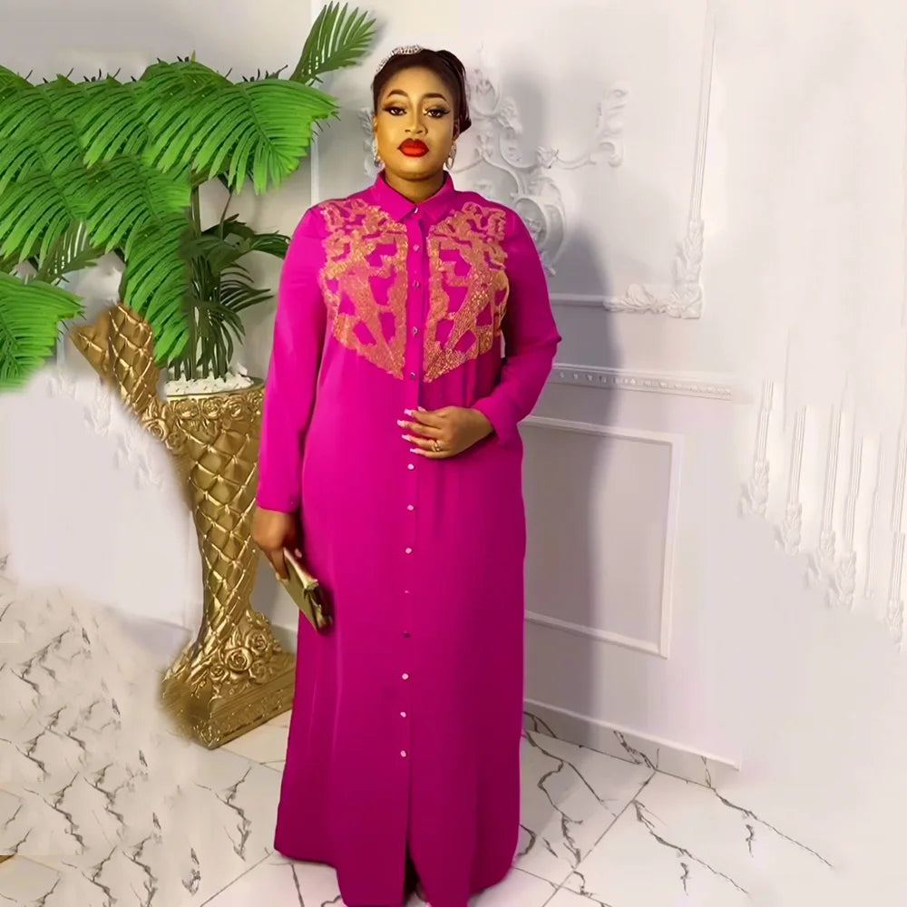 African American Expensive Shirtdress Solid Color Front and Rear Heavy Rhinestone Embellishment BOUBOU