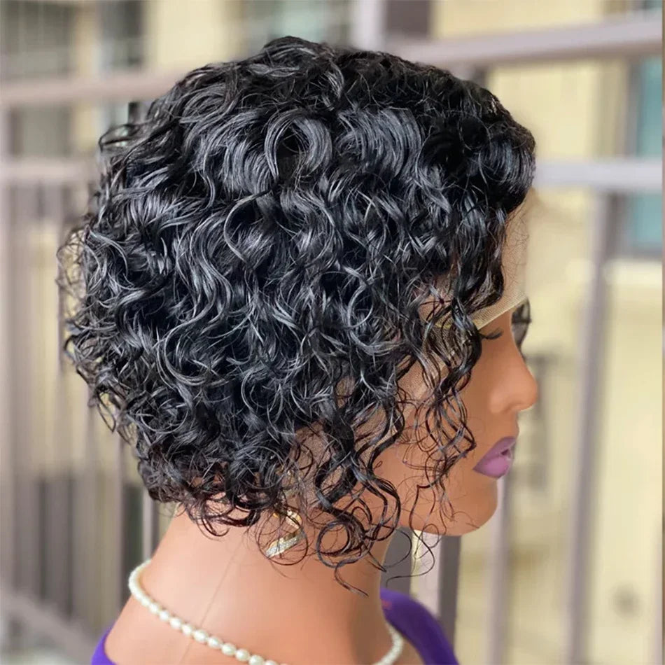 Burmese Hair 6inch Short Kinky Curly Pixie Cut 100% Human Hair Wigs 13x4x1 Transparent Lace Wig Natural Color For Black Women