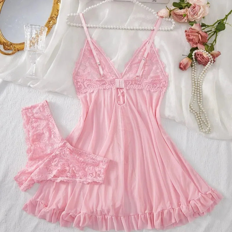 Lace V-Neck Slip Dress & Bra Set