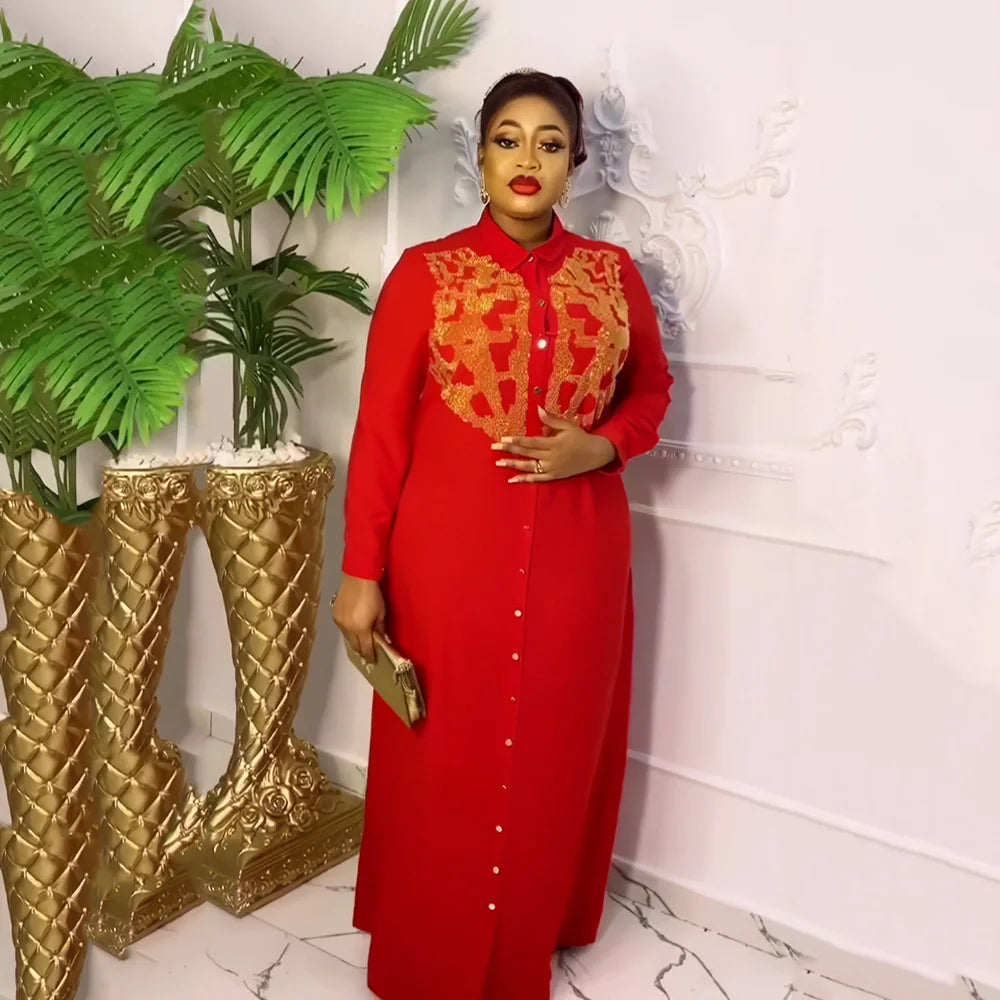African American Expensive Shirtdress Solid Color Front and Rear Heavy Rhinestone Embellishment BOUBOU