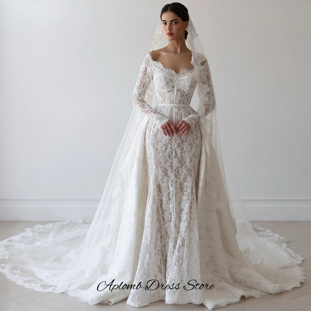 Dreamy Mermaid Vestido De Novia Elegant Customized Appliques Lace Wedding Dress Classic Long Sleeves Boat Neck Bridal Gowns