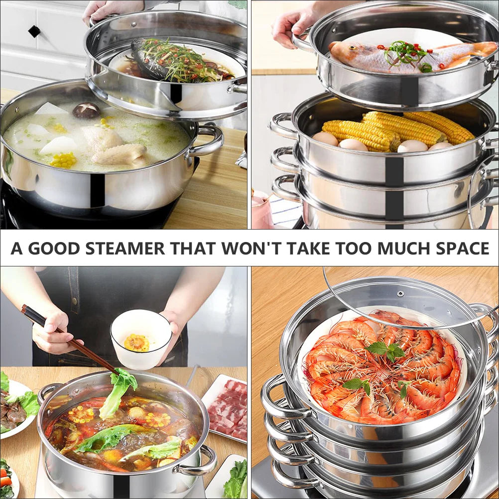 Pot Steamer Stainless Steel Steam Cooking Set steaming Soup Stockpot 4 Vegetable Tier Layer Steamers Pan Cooker Pots
