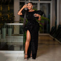 2023 African-American Evening Dress Black Sequin Round Neck Puffed Sleeve High Slit Floor-Length Fishtail Dress