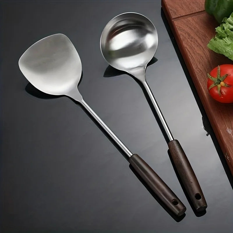【Pot Spatula + Pot Spoon】Household Stainless Steel Cooking Set, Spatula and Soup Spoon with Wooden Handle, Anti-Scald, Durable, Extended Length