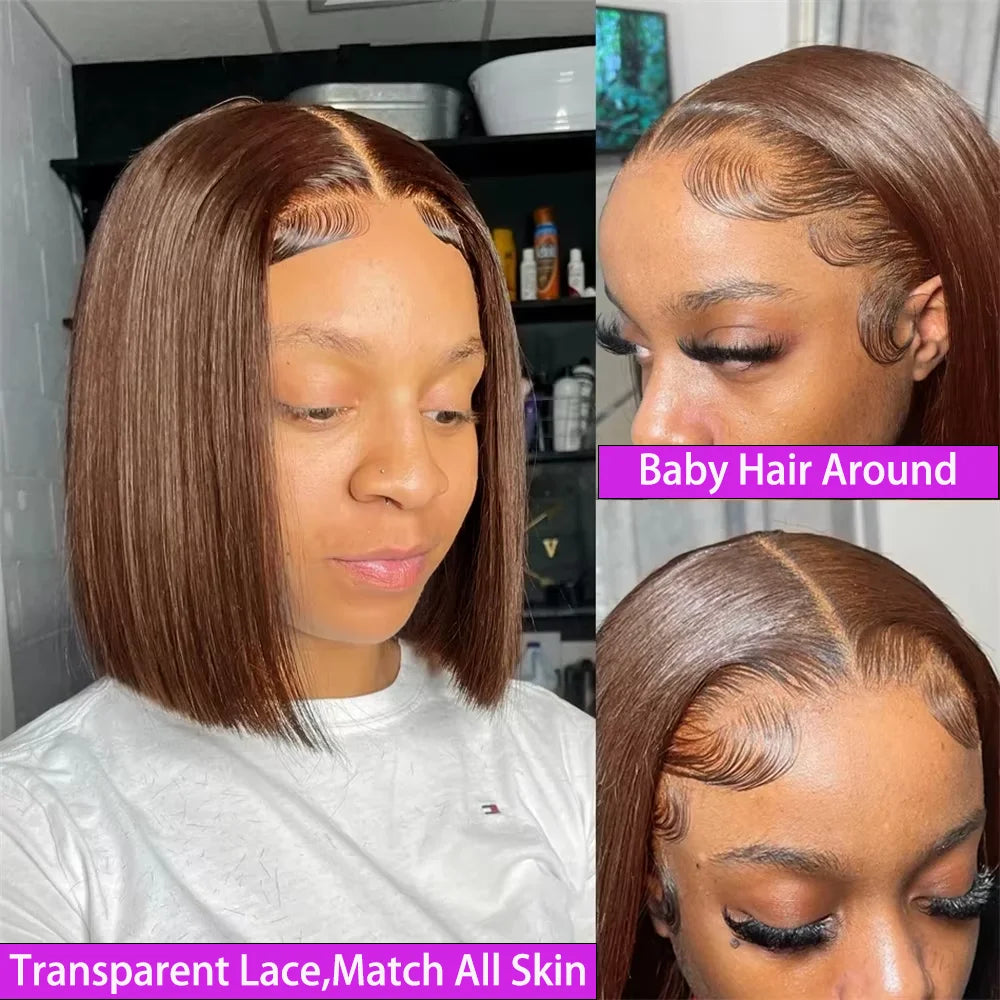Vietnamese Straight Bob 100% Human Hair Chocolate Brown Color 13x4 Full Lace Frontal Double Drawn Bob Wig with For Black Women