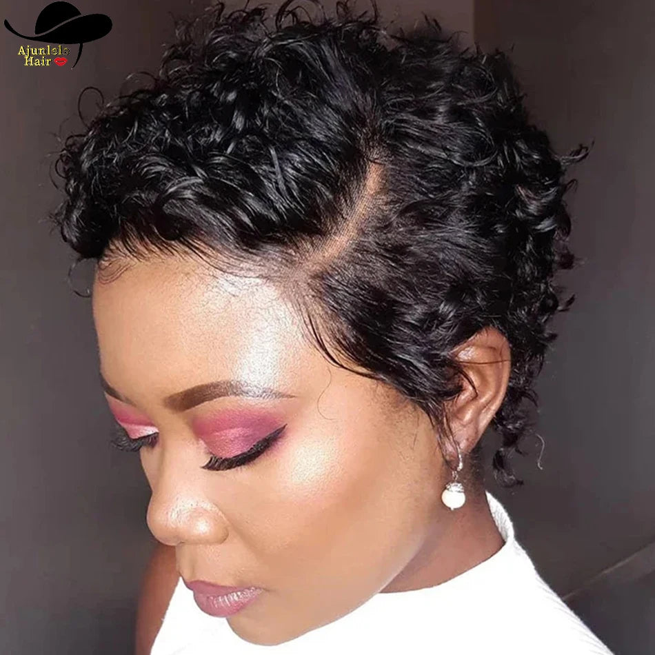 Brazilian Hair Side Part Pixie Cut Water Curly Wig Short Inch Hair Wig 100% Human Hair Natural Color 13x4 Lace Frontal Hair Wig