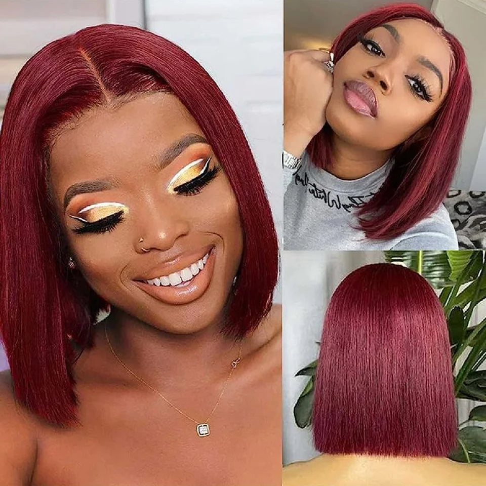 Burgundy Bob Wig 4C Hair Human Hair 13x6x1 Frontal Lace Straight Bob Wigs 99J Red Short Bob Wig Middle Part 100% Human Hair Wig