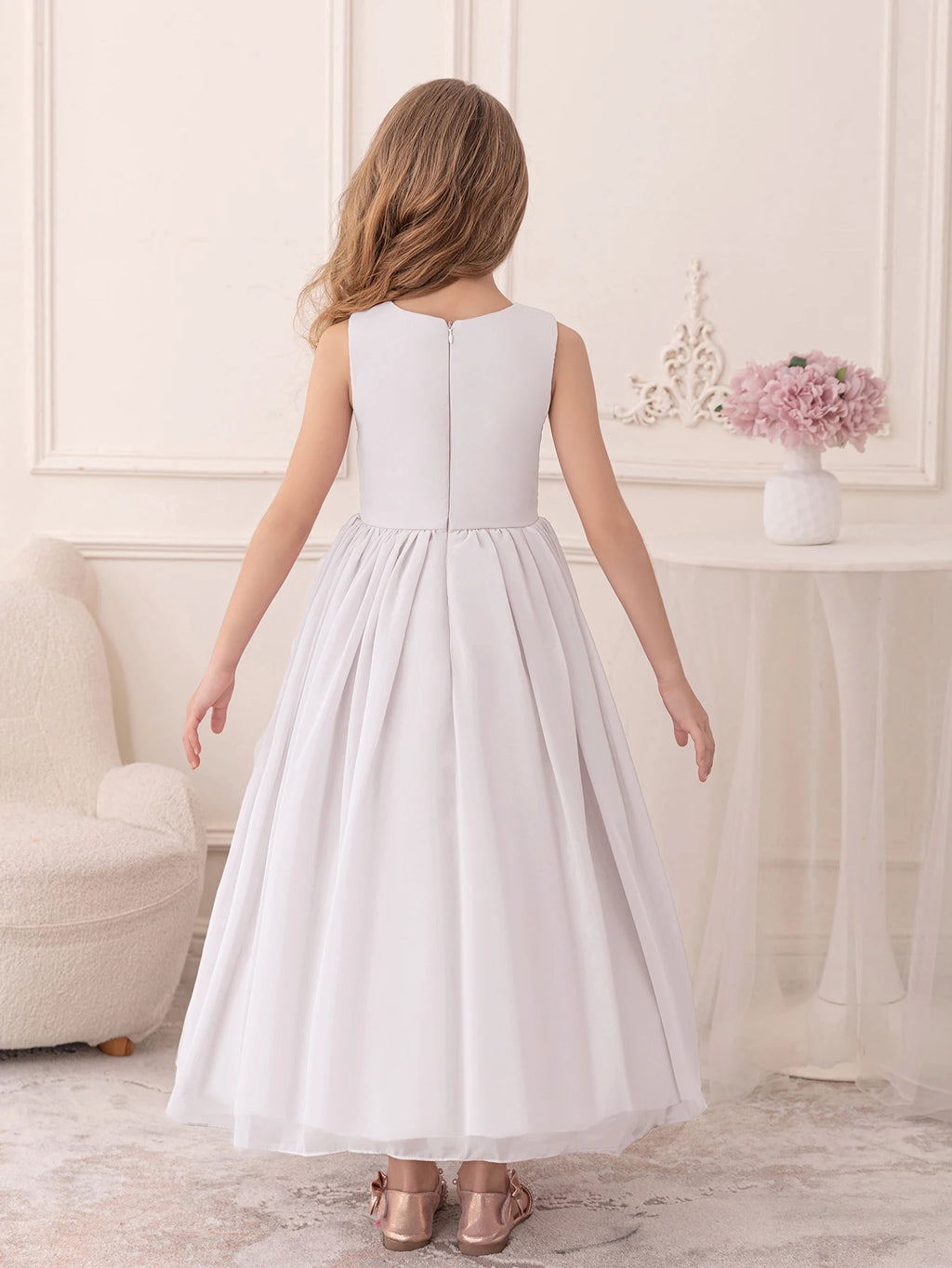 Elegant Girl Party Dress Long White Chiffon Dress Wedding Birthday Party Evening Gown Bridesmaid Dresses