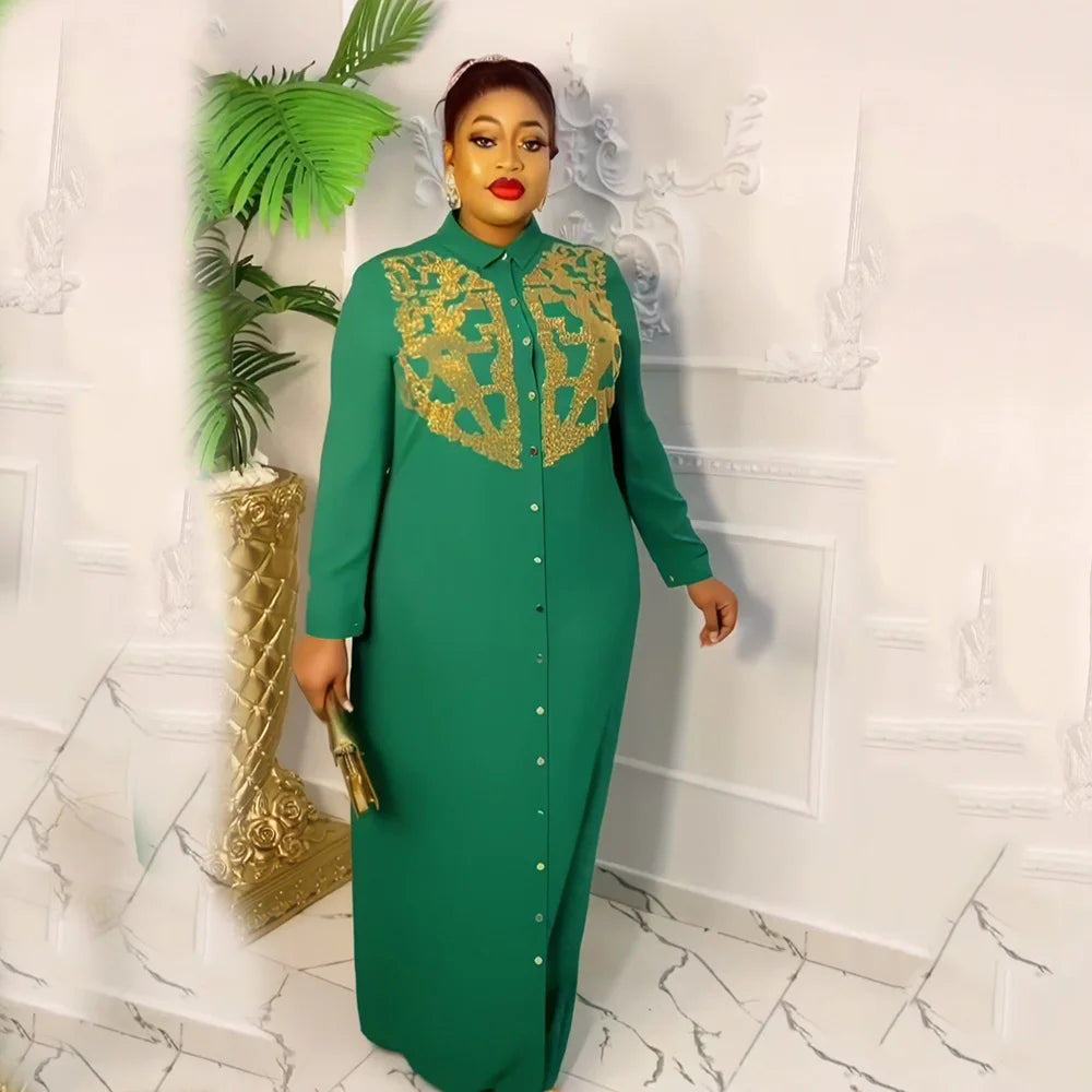 African American Expensive Shirtdress Solid Color Front and Rear Heavy Rhinestone Embellishment BOUBOU