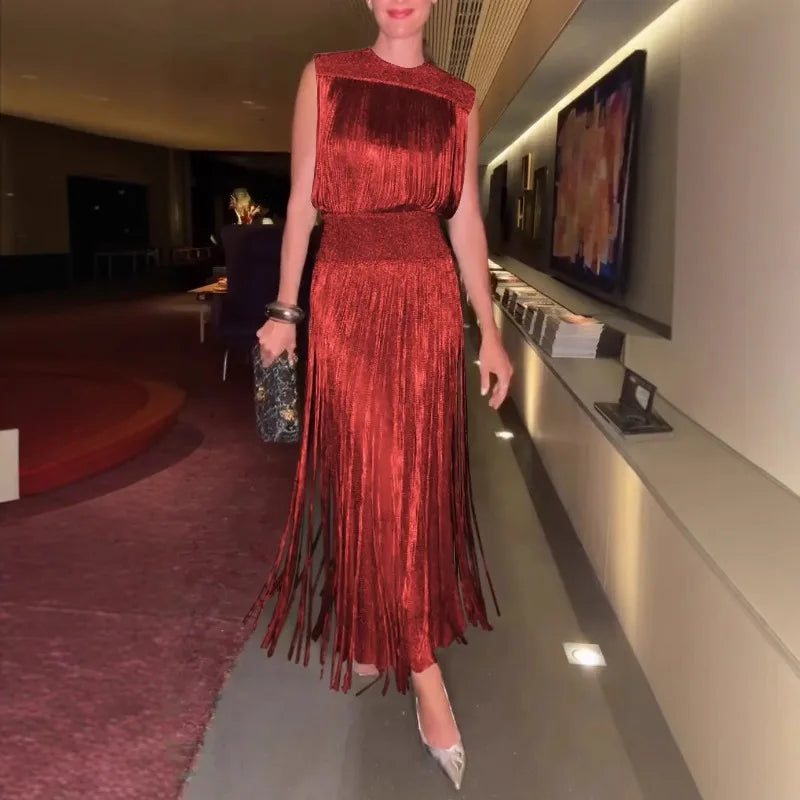 2026 New Fringed Dress Sleeveless Top Long Skirt Two-piece Set