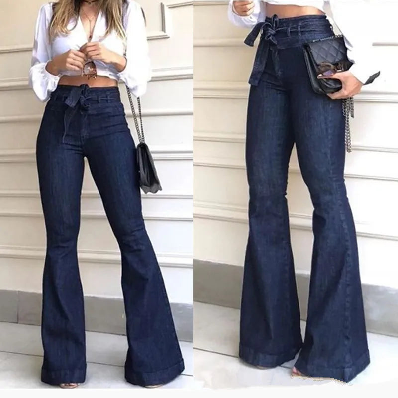 Women's High-Waisted Tummy Control Butt Lifting Tie-Waist Flared Jeans Wide-Leg Denim Pants with Pocket Details