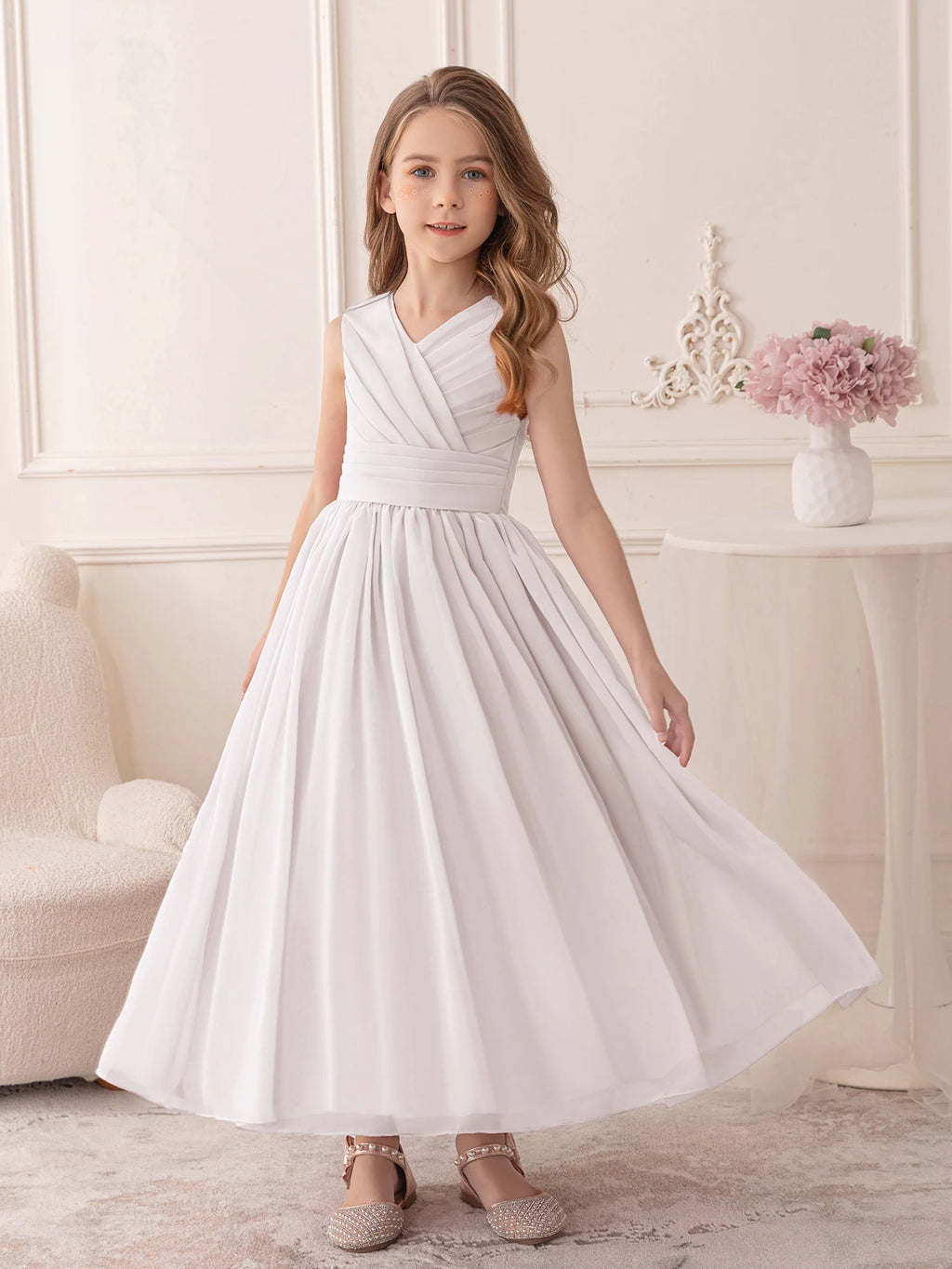 Elegant Girl Party Dress Long White Chiffon Dress Wedding Birthday Party Evening Gown Bridesmaid Dresses