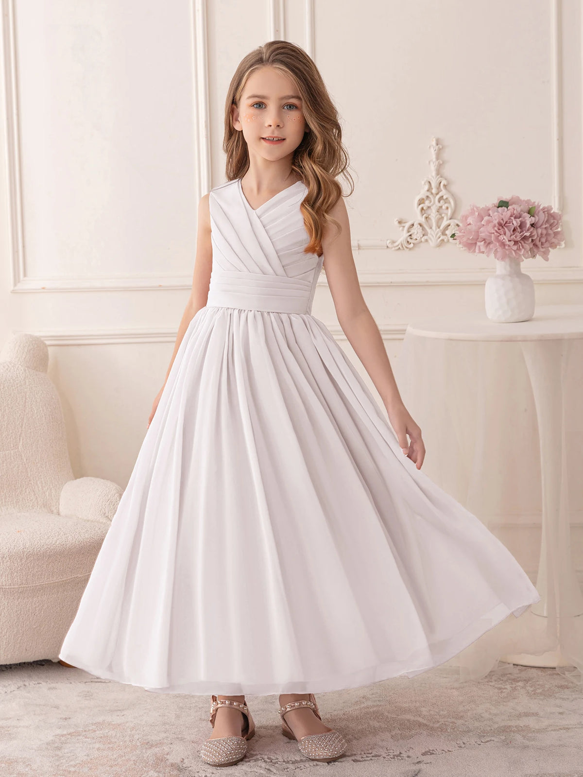 Elegant Girl Party Dress Long White Chiffon Dress Wedding Birthday Party Evening Gown Bridesmaid Dresses