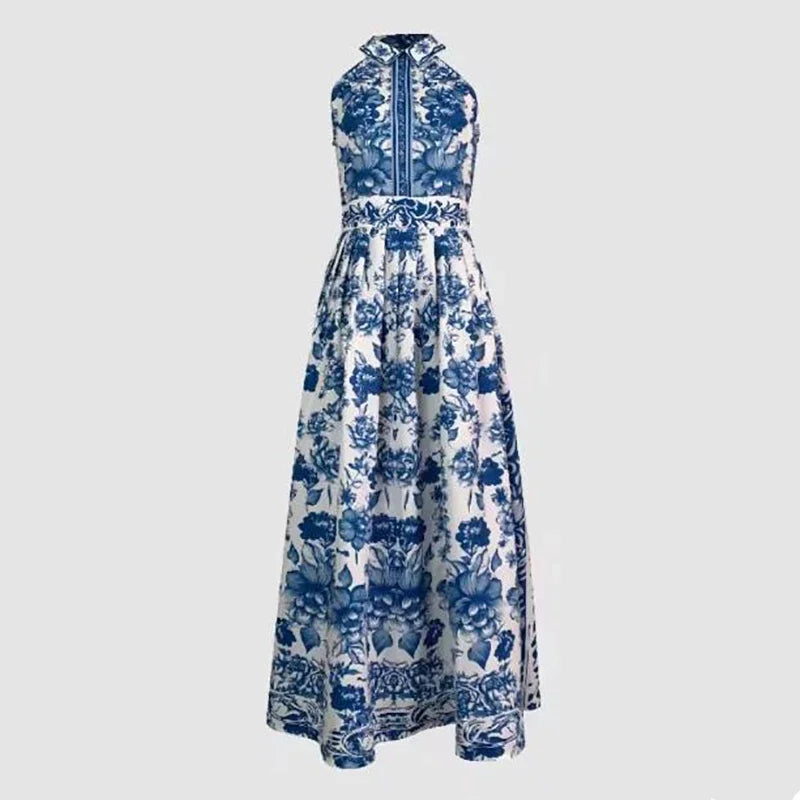 Elegant Party Evening Long Dresses New Vintage Classic Blue Geometric Pattern Flower Printed Lapel A-Line Dresses For Women