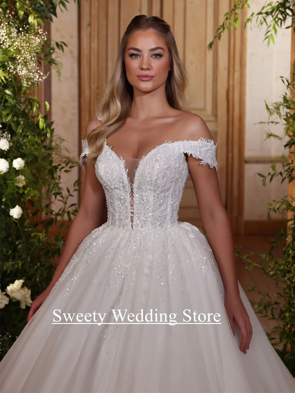Ball Gown Wedding Dresses for Woman Bride Customized Deep V Neck Off The Shoulder Sequined Applique Court Train Bridal Dresses