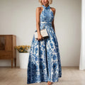 Elegant Party Evening Long Dresses New Vintage Classic Blue Geometric Pattern Flower Printed Lapel A-Line Dresses For Women