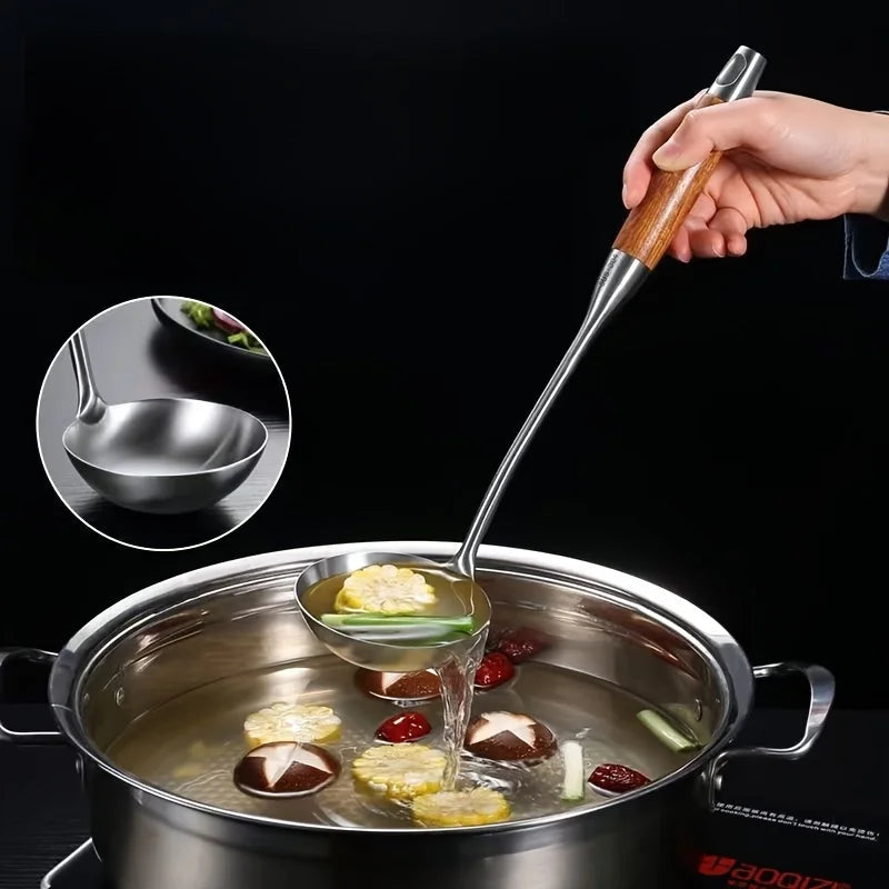 【Pot Spatula + Pot Spoon】Household Stainless Steel Cooking Set, Spatula and Soup Spoon with Wooden Handle, Anti-Scald, Durable, Extended Length