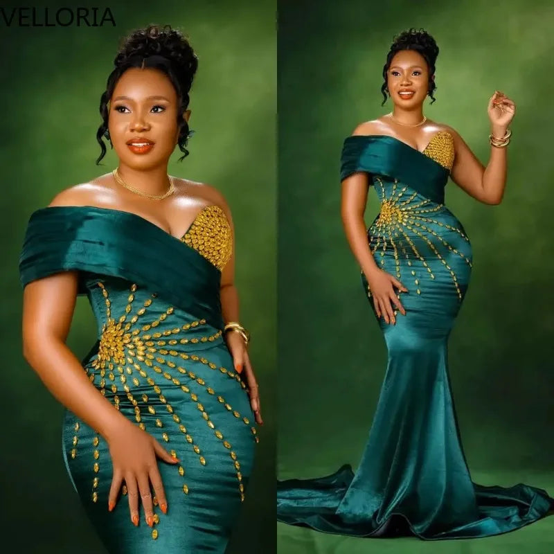Emerald Mermaid Evening Gown – Gold Beaded