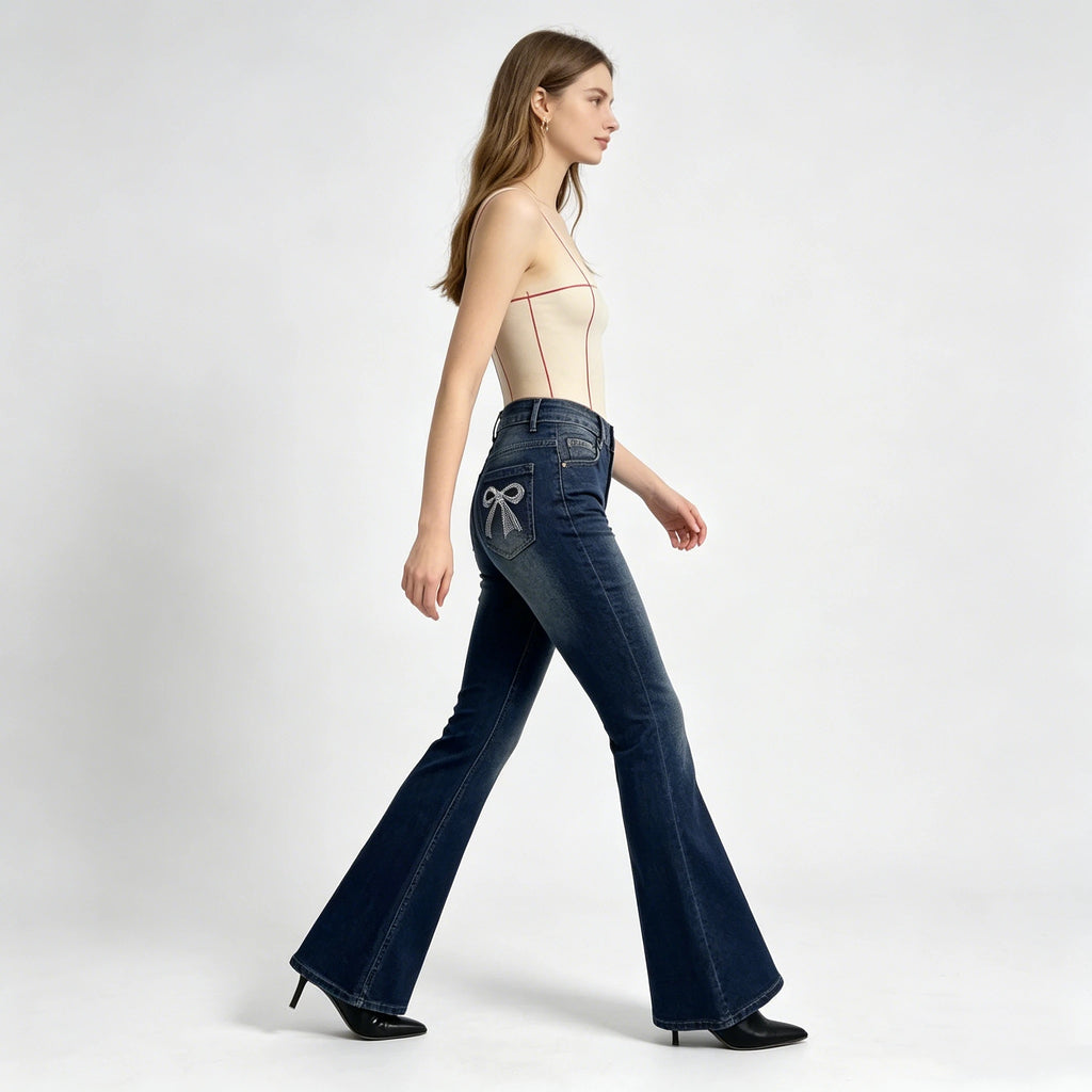 Womens Jeans Women's Pants Back Pocket Bow Crystal Flare Bell Bottom Stretch Low Waist Casual Vintage Denim Elastic New