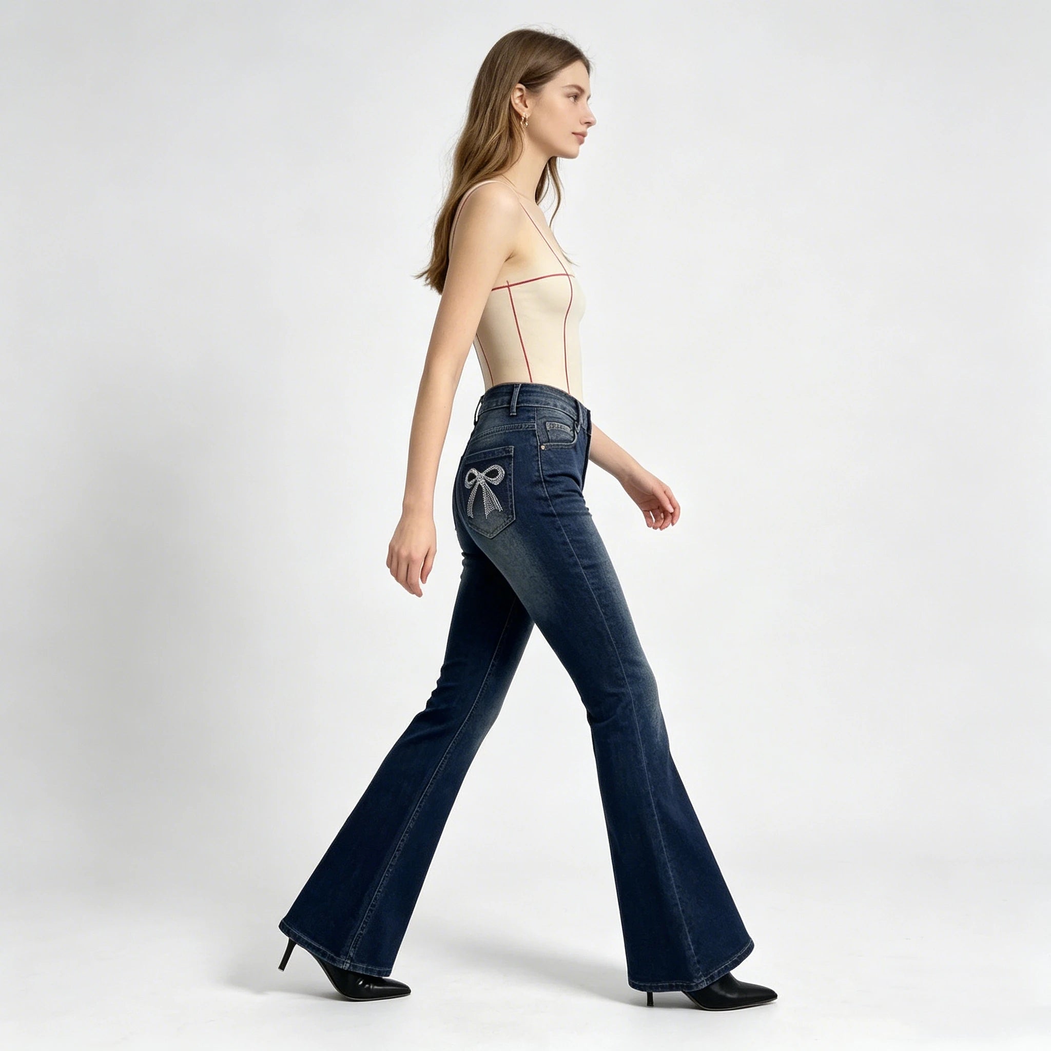 Womens Jeans Women's Pants Back Pocket Bow Crystal Flare Bell Bottom Stretch Low Waist Casual Vintage Denim Elastic New