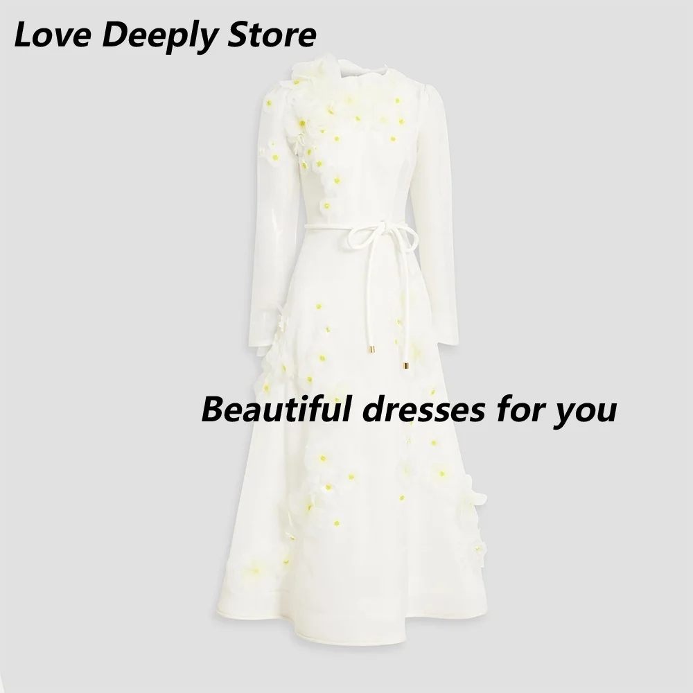 Elegant Evening Dress High Neck  Long Sleeve Appliqued Belt Midi Wedding Guest Party Dresses for Women Prom Gown Customized