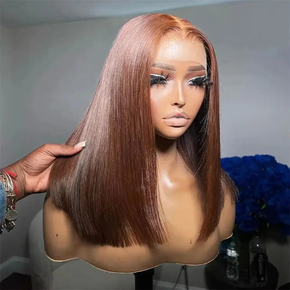 Vietnamese Straight Bob 100% Human Hair Chocolate Brown Color 13x4 Full Lace Frontal Double Drawn Bob Wig with For Black Women