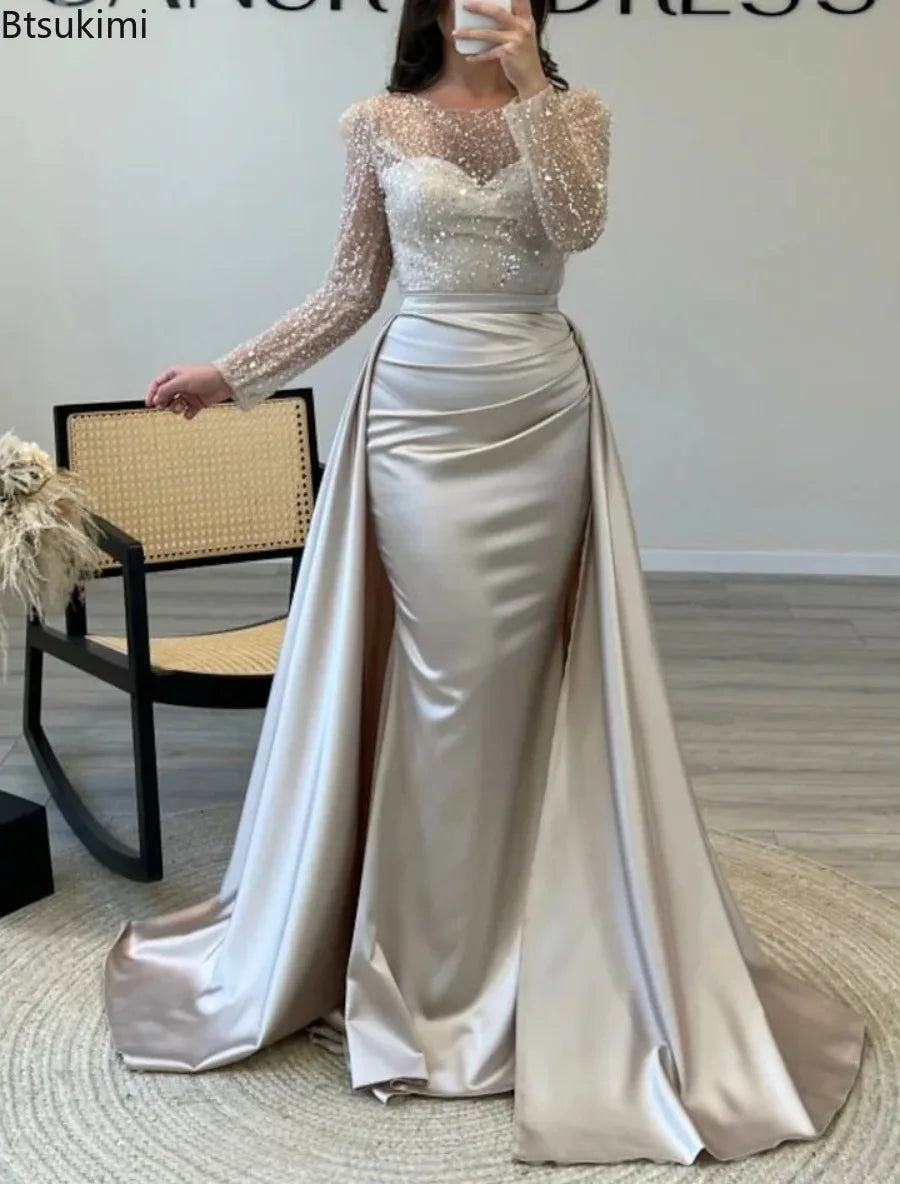 2026 Elegant Evening Dresses Women's Chic Sequin Splice O-neck Long Sleeve Pleated Maxi Dress Sexy High Waist Slim Banquet Gowns