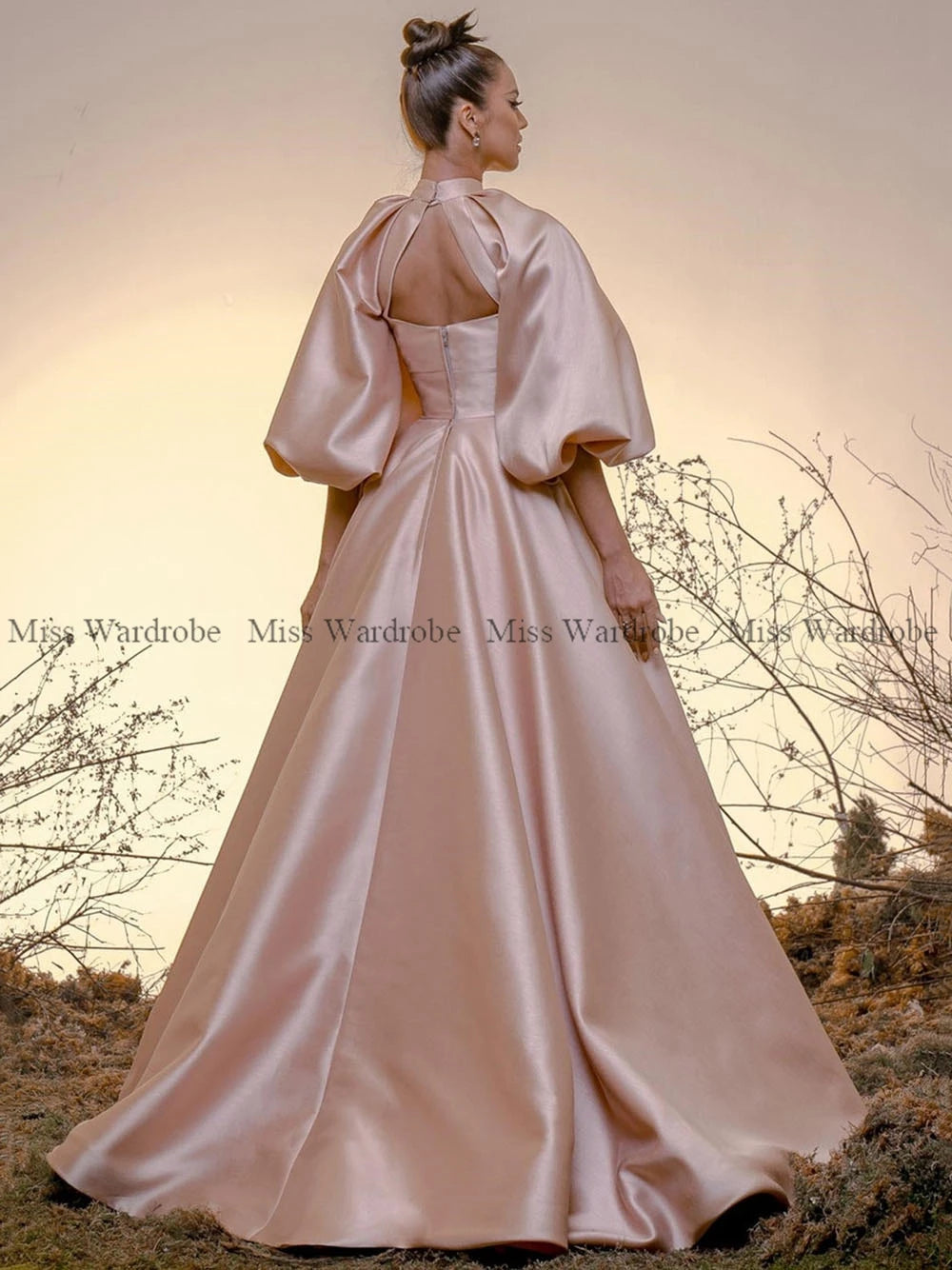 Elegant A Line Evening Dress High Neck Puff Sleeves Prom  Floor Length Formal Party Gowns Vestidos De Fiesta