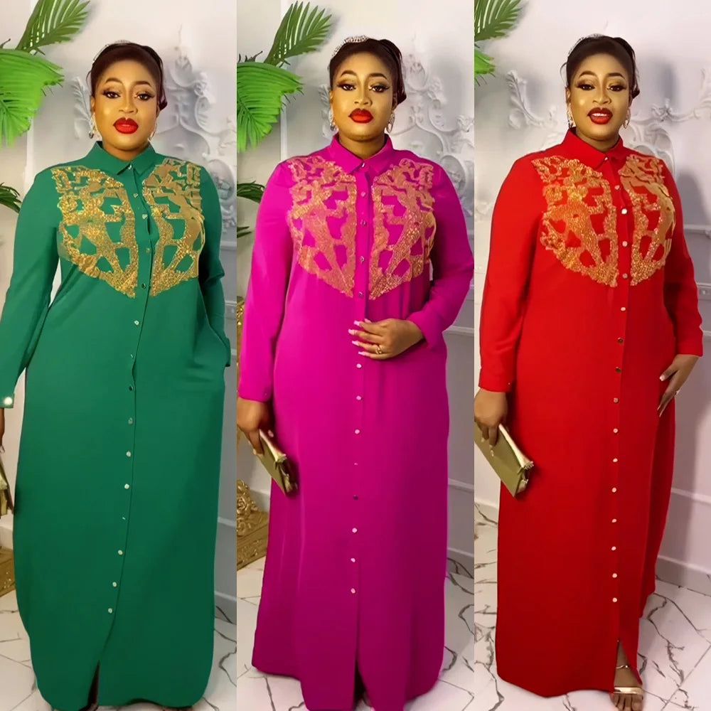 African American Expensive Shirtdress Solid Color Front and Rear Heavy Rhinestone Embellishment BOUBOU