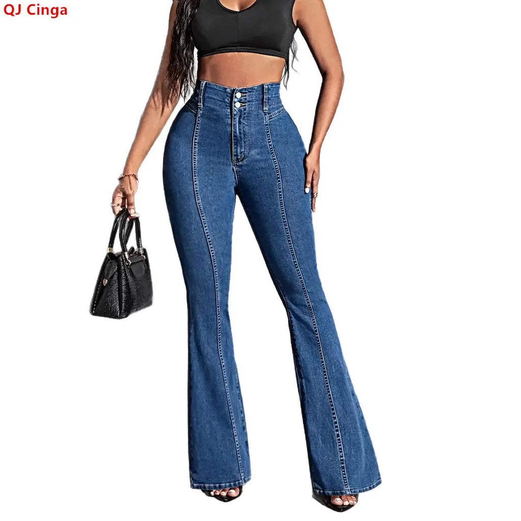 High-waisted Women's Blue Jeans, Patchwork-detailed Denim Flared Pants, Perfect for Spring and Fall.